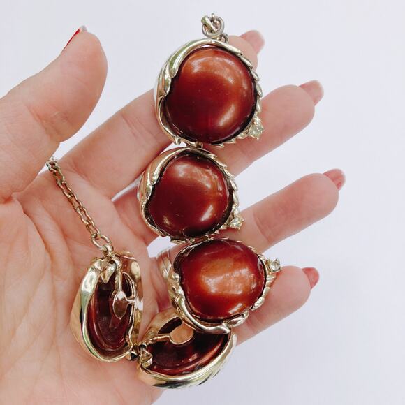 Vintage Mid Century Gold Tone Necklace Brown Cabochons Prong Set Rhinestones - Picture 4 of 16